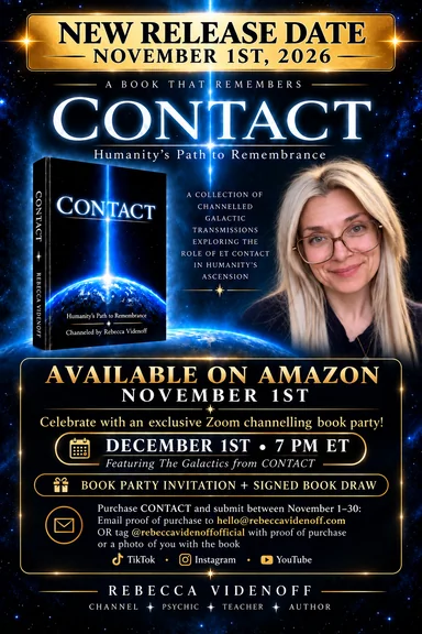 CONTACT: Humanity’s Path to Remembrance launch poster featuring Rebecca Videnoff and the book cover. Available on Amazon November 1, 2026. Zoom channeling book party December 1 at 7 PM ET, with a signed book draw.