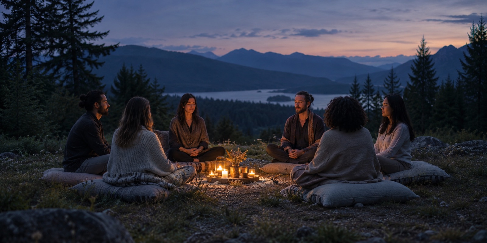 Six adults seated around candles outdoors, overlooking a lake and mountains at dusk