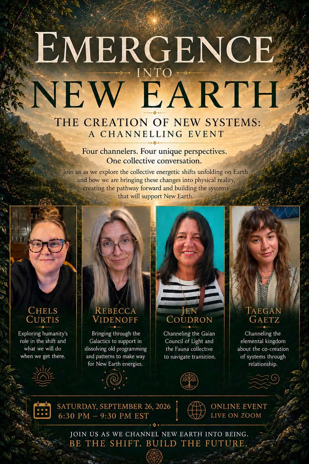 Emergence Into New Earth online channeling event with Chels Curtis, Rebecca Videnoff, Jen Coudron, and Taegan Gaetz, September 26, 2026.