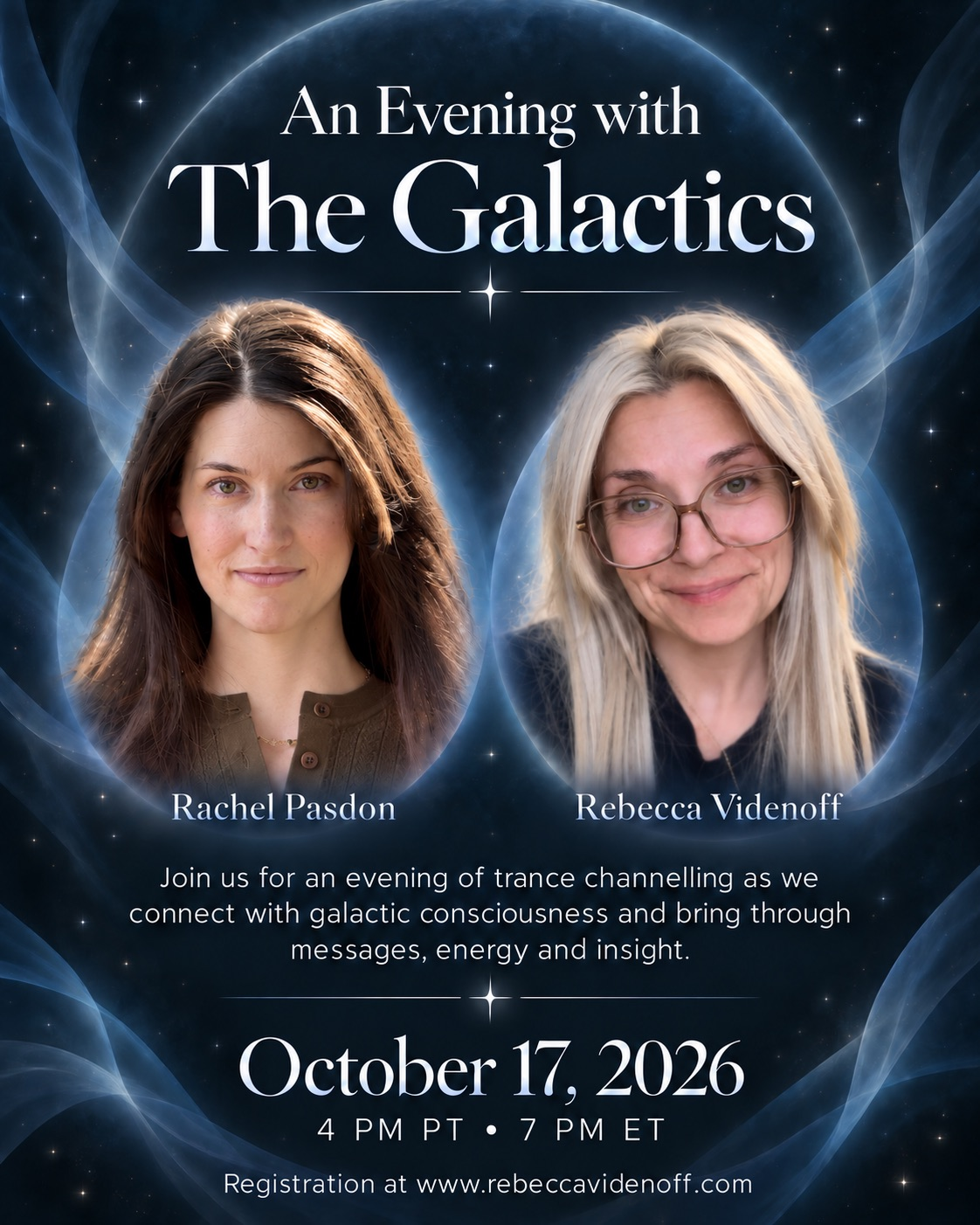 An Evening with The Galactics poster featuring Rachel Pasdon and Rebecca Videnoff, October 17, 2026 at 4 PM PT / 7 PM ET.