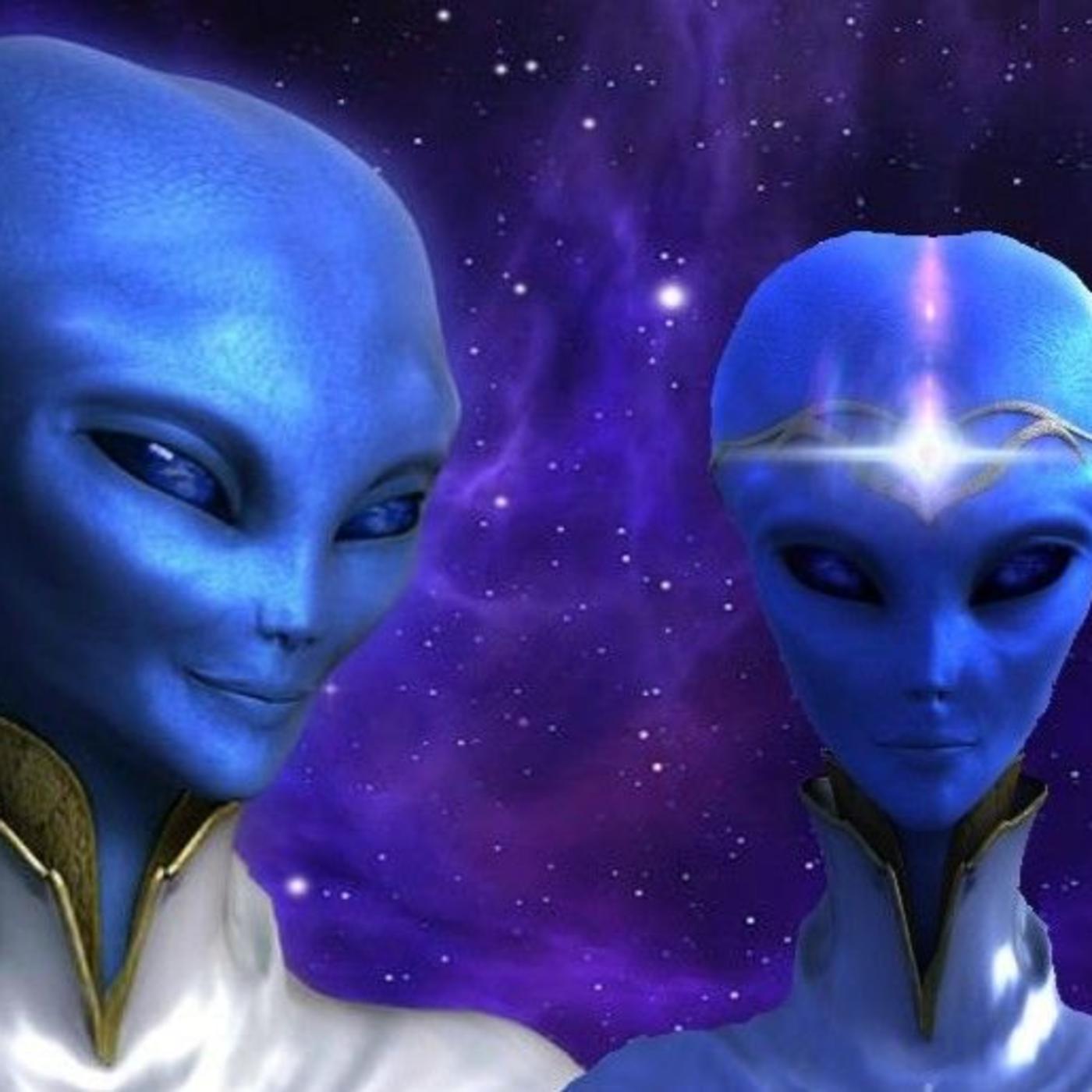 Two blue celestial figures against a purple star field.