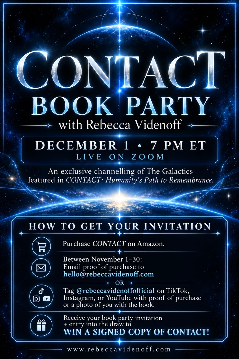 CONTACT Book Party with Rebecca Videnoff: December 1, 2026 at 7 PM ET, live on Zoom. Blue cosmic artwork promotes exclusive channelling of The Galactics and proof-of-purchase instructions for the invitation and signed-book draw.