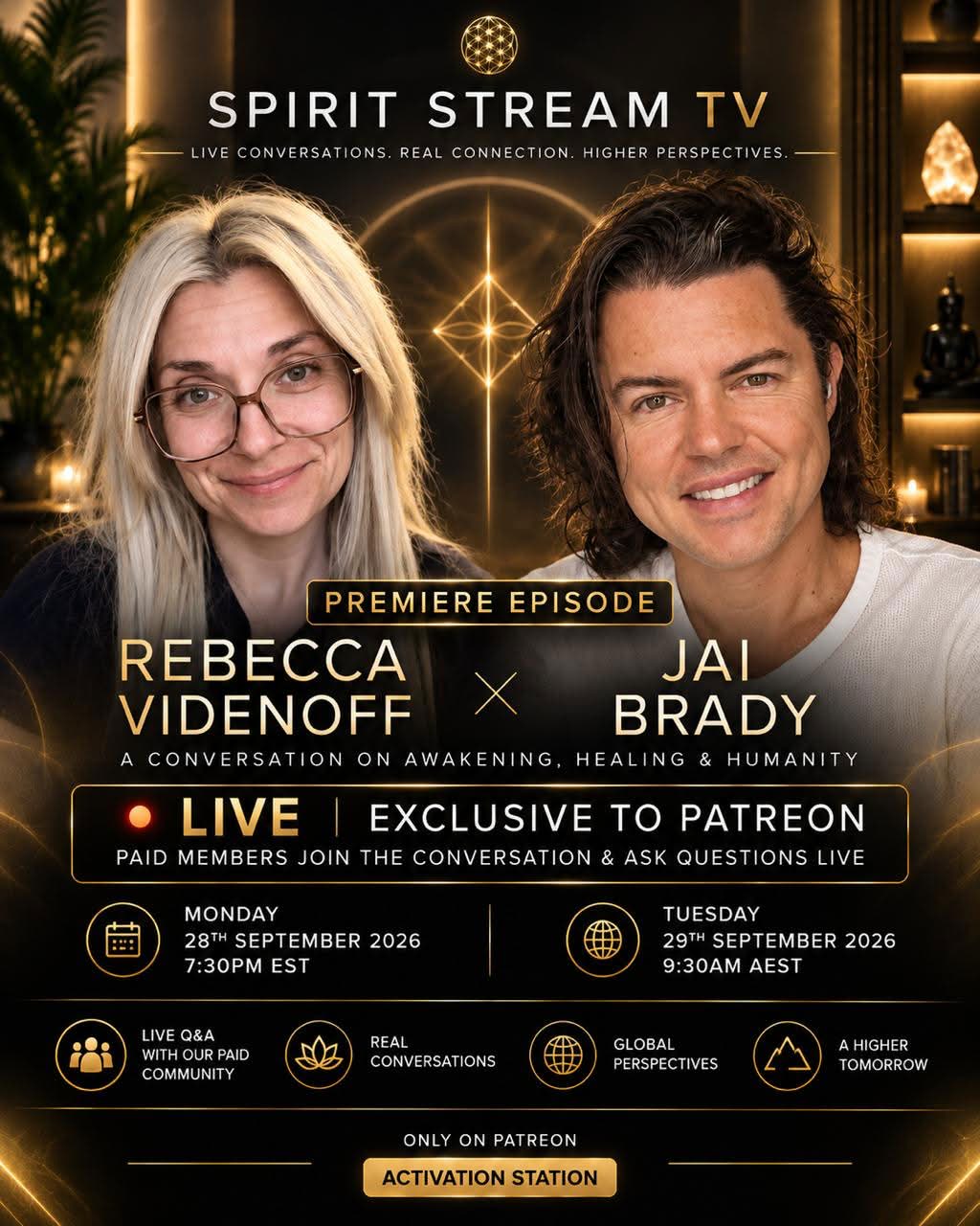 Spirit Stream TV premiere poster featuring Rebecca Videnoff and Jai Brady, September 28, 2026 at 7:30 PM ET / September 29 at 9:30 AM AEST.