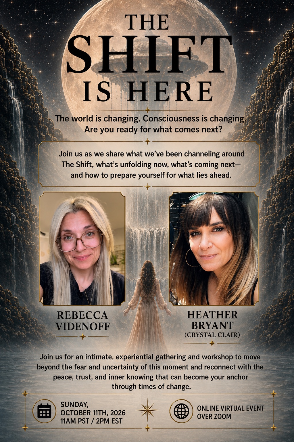 The Shift Is Here poster with Rebecca Videnoff and Heather Bryant (Crystal Clair) for an online virtual Zoom event on October 11, 2026 at 11 AM PST / 2 PM EST.